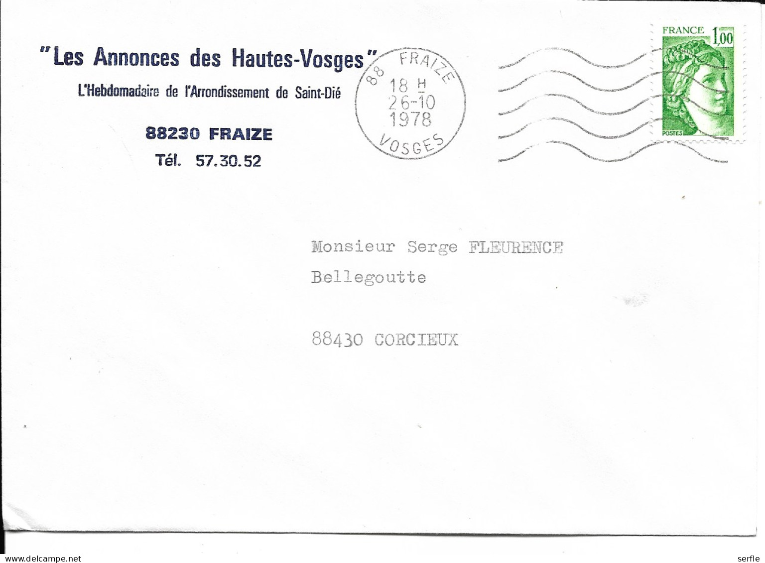 88 - Fraize - Publicité Sur Enveloppe Pour Hebdomadaire "Les Annonces Des Hautes-Vosges" - Brieven En Documenten