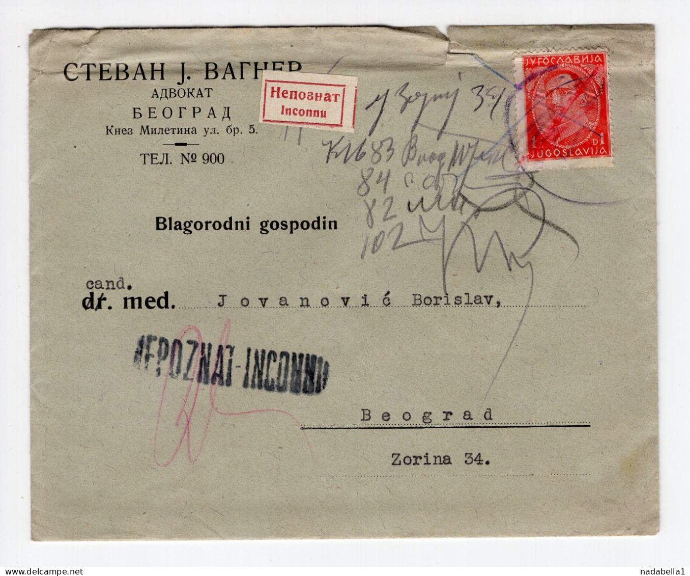 1930? KINGDOM OF YUGOSLAVIA,SERBIA,BELGRADE LOCAL MAIL,LABEL:UNKNOWN,INCONNU,LAWYER S. WAGNER COVER - Brieven En Documenten