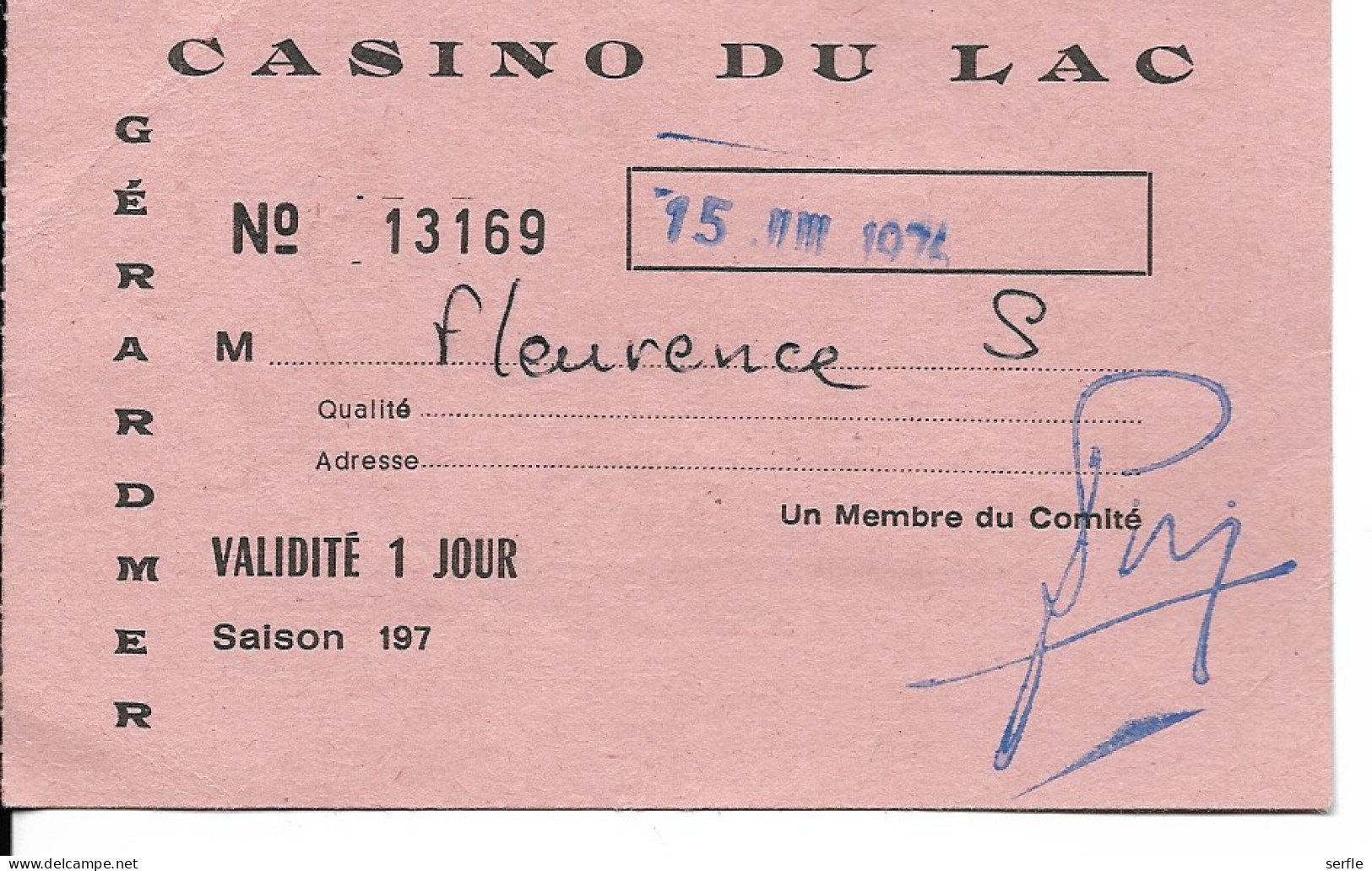 88 - Gérardmer - Casino Du Lac- Carte D'entrée - Brieven En Documenten
