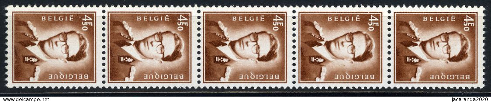 België R42 - Koning Boudewijn - 4,50 Bruin - Brun - Strook Van 5 Met Nummer - Bande De 5 Avec Numéro - Coil Stamps