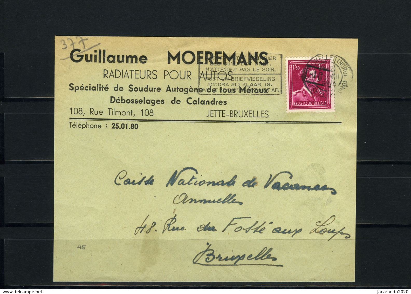 België 724N - Op Brief - Guillaume Moeremans - Radiateurs Pour Autos - 377 - Bruxelles (Nord)  - 1946 -10%