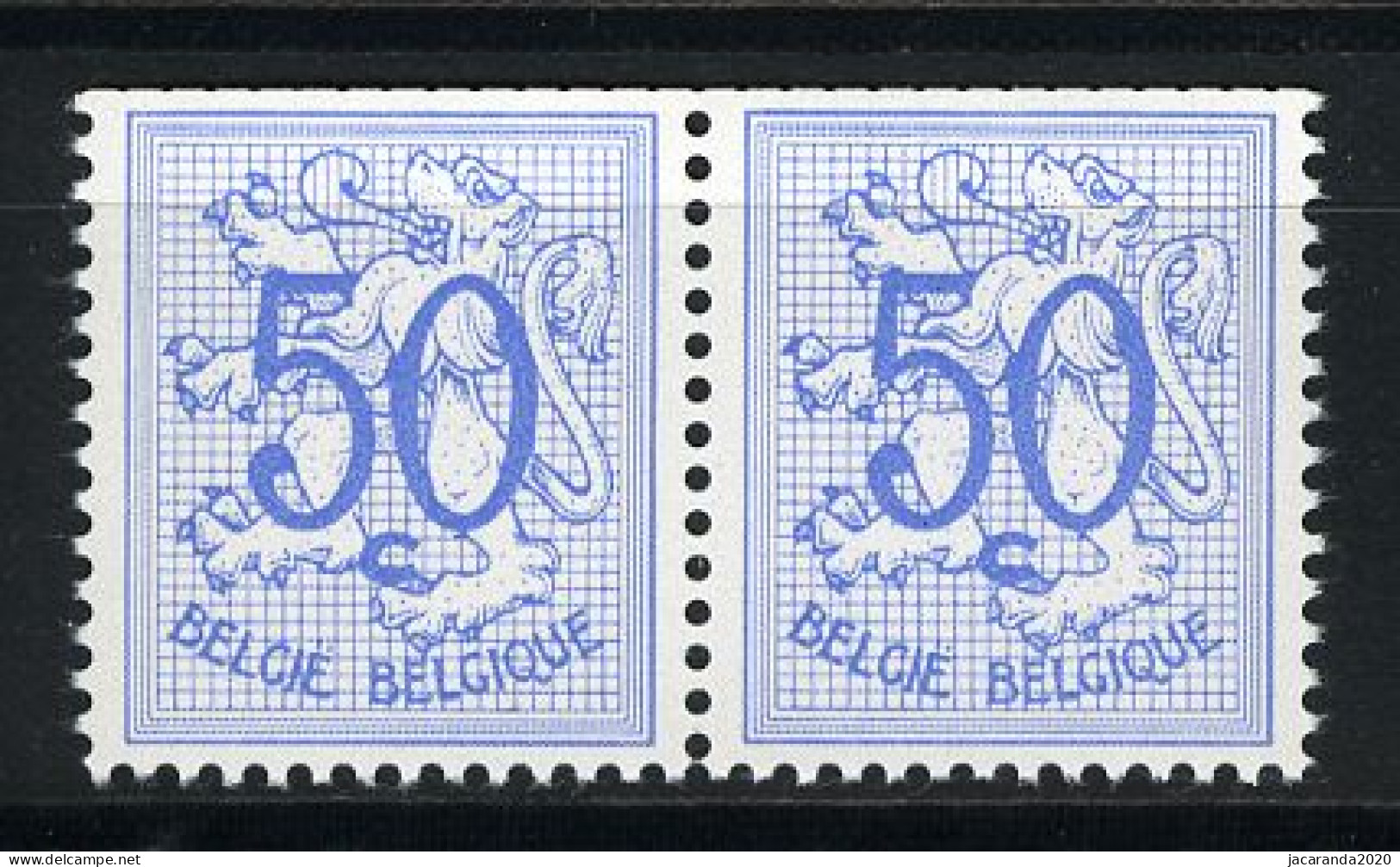 België R11a - Cijfer Op Heraldieke Leeuw - 50c Blauw - Horizontaal Paar - Paire Honrizontale  - Coil Stamps