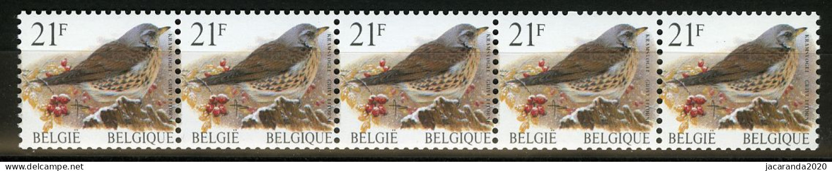 België R89 - Vogels - Oiseaux - Buzin (2792) - 21F - Kramsvogel - Strook Met 5 Cijfers - Bande Avec 5 Chiffres - Coil Stamps