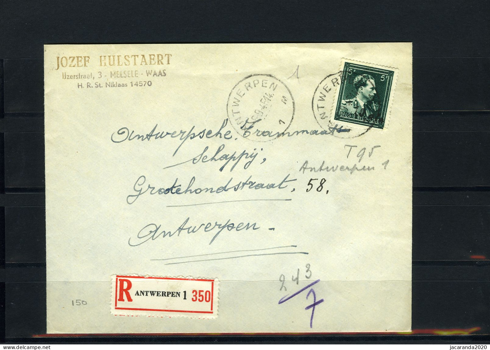 België 724P - Op Brief - Aangetekend - Recommandé - T95 - Antwerpen 1 - 1946 -10 %