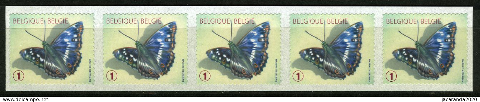 België R118A - Vlinders - Apatura Ilia (4290) - Marijke Meersman - 2012 - Strook Van 5 - Bande De 5 - Met Nummer - Rouleaux