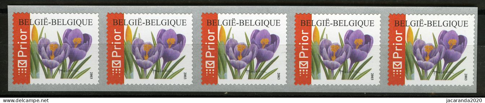 België R108 - Bloemen - Buzin (3227) - Crocus Vernus - 2003 - Strook Van 5 - Bande De 5 - Met Eindstreep - Coil Stamps