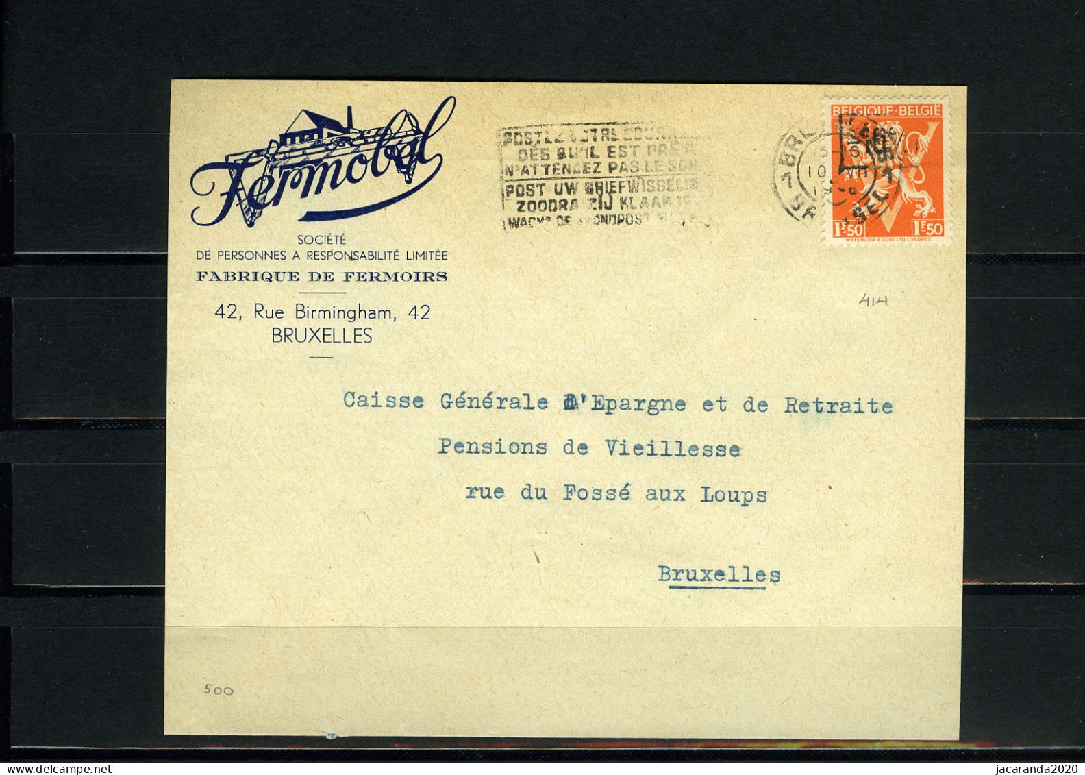 België 724G - Op Brief - Fermobel - 414 - Bruxelles  - 1946 -10 %