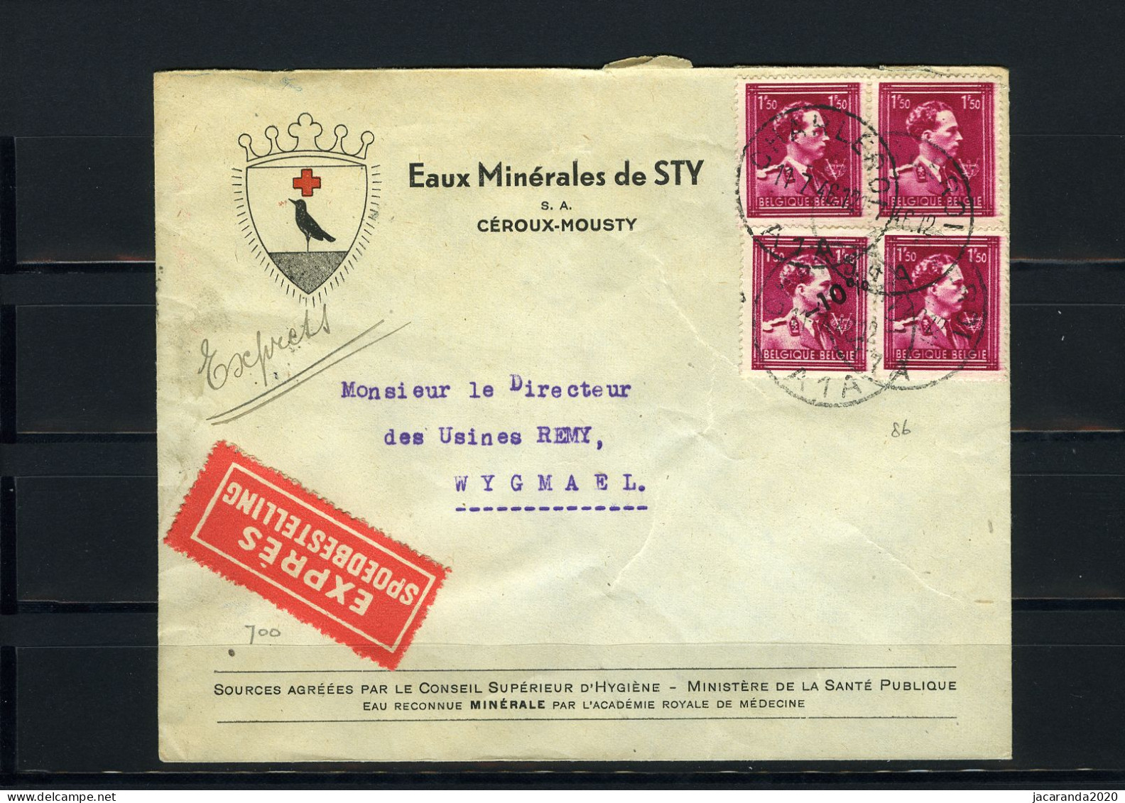 België 724N - Op Brief - Sur Lettre - Exprès - Spoedbestelling - Eaux Minérales De STY - 86 - Charleroi - 1946 -10%