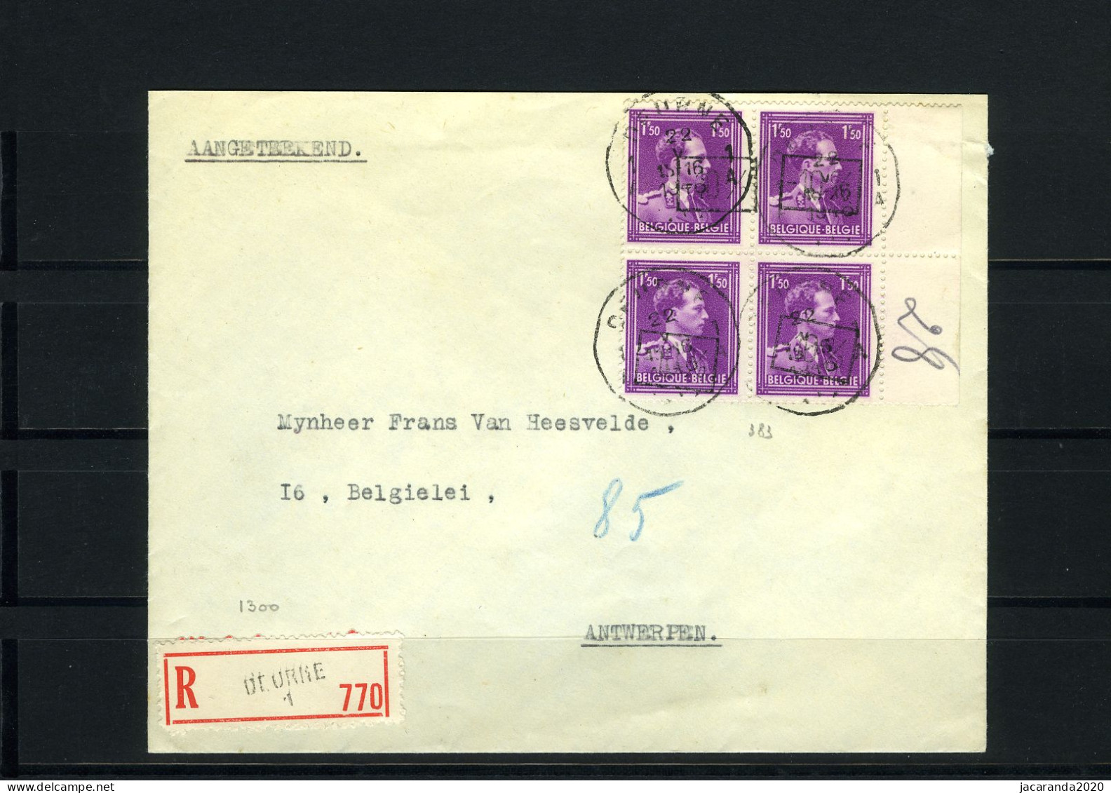 België 724B - Op Brief - Sur Lettre -  Aangetekend - Recommandé - Blok Van 4 - 383 - Deurne - 1946 -10%