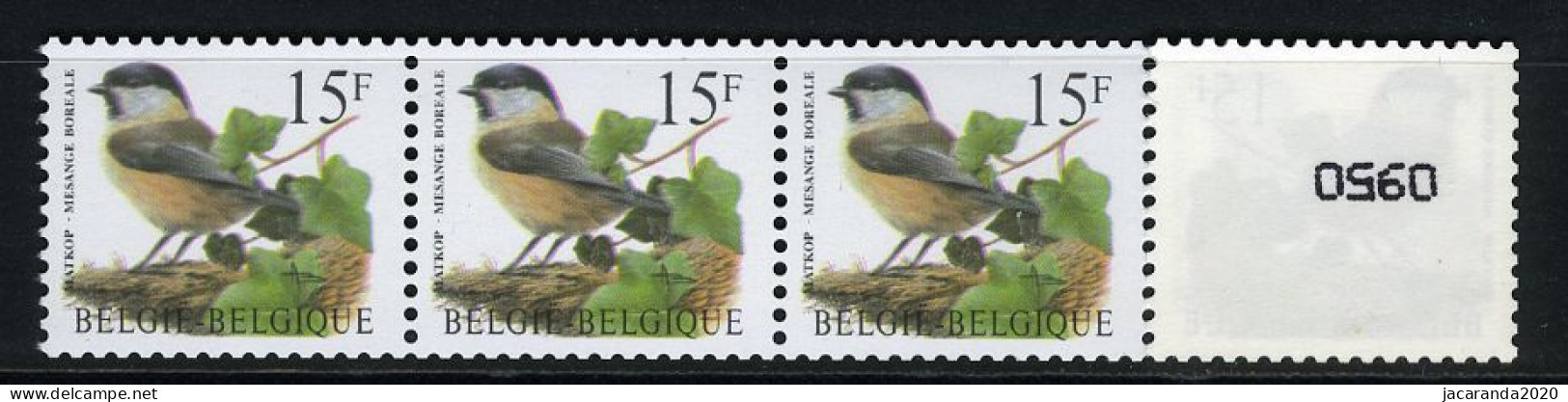 België R83a - Vogels - Oiseaux - Buzin (2732) - 15F - Matkop - Strook Met 4 Cijfers - Kopstaand - Bande Avec 4 Chiffres - Rouleaux