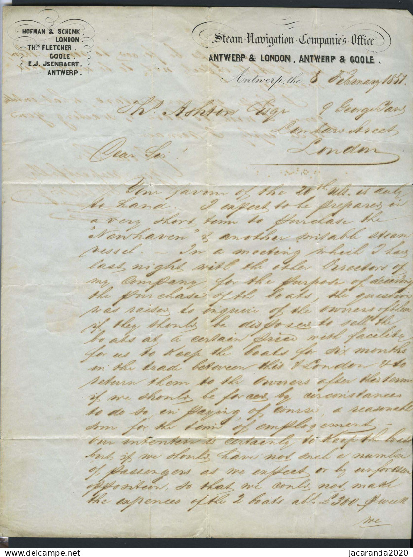 België Brief 8 Februari 1851 - Steam Navigation Companie's Office - Hofman & Schenk - Goole - Anvers Naar London - PD - 1849-1865 Medallions (Other)