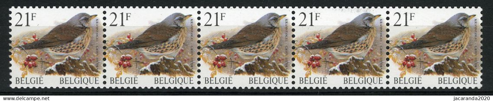 België R89a - Vogels - Oiseaux - Buzin (2792) - 21F - Kramsvogel - Strook Met 4 Cijfers - Bande Avec 4 Chiffres - Francobolli In Bobina