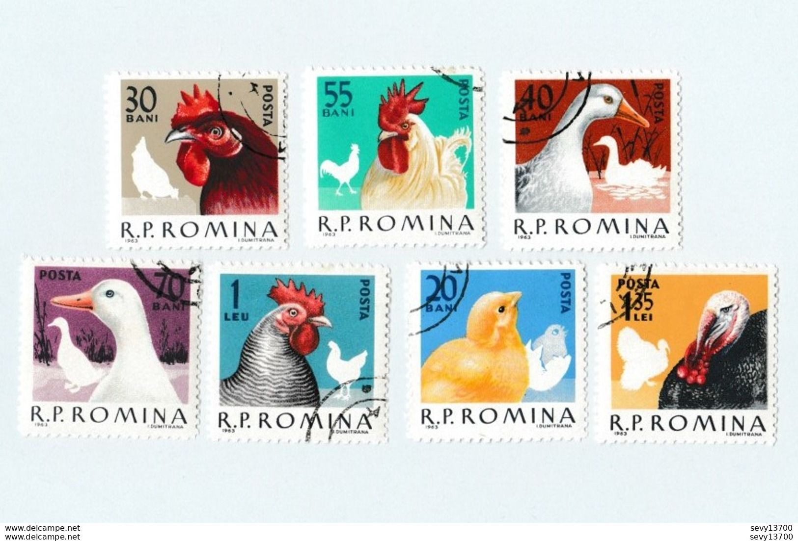 Roumanie Lot De 29 Timbres Les Volatiles De La Ferme - Canard, Poule, Dindon, Poussin, Coq, Chevaux, Chats Et Chiens - Gebruikt