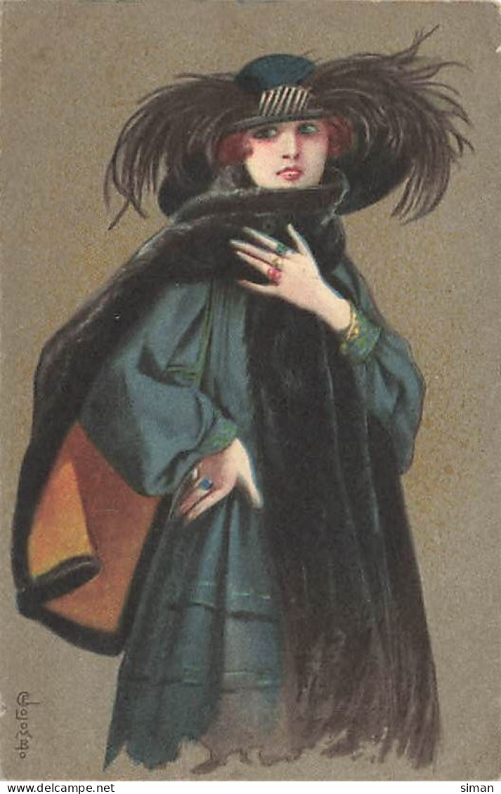 N°24757 - Illustrateur - E. Colombo - Jeune Femme Portant Un Chapeau à Plumes, Et Une écharpe En Fourrure - Colombo, E.