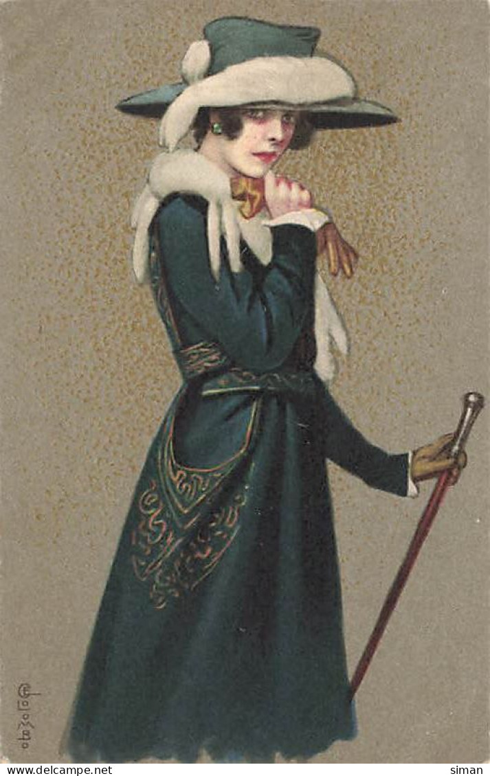 N°24758 - Illustrateur - E. Colombo - Jeune Femme Portant Un Chapeau Avec De La Fourrure, Et Tenant Une Canne - Colombo, E.