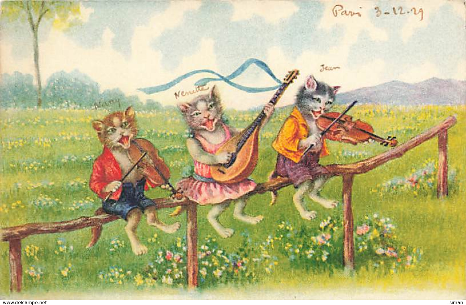 N°24793 - Trois Chats Habillés Jouant De La Musique Assis Sur Une Barrière - Style Ohler - Dressed Animals