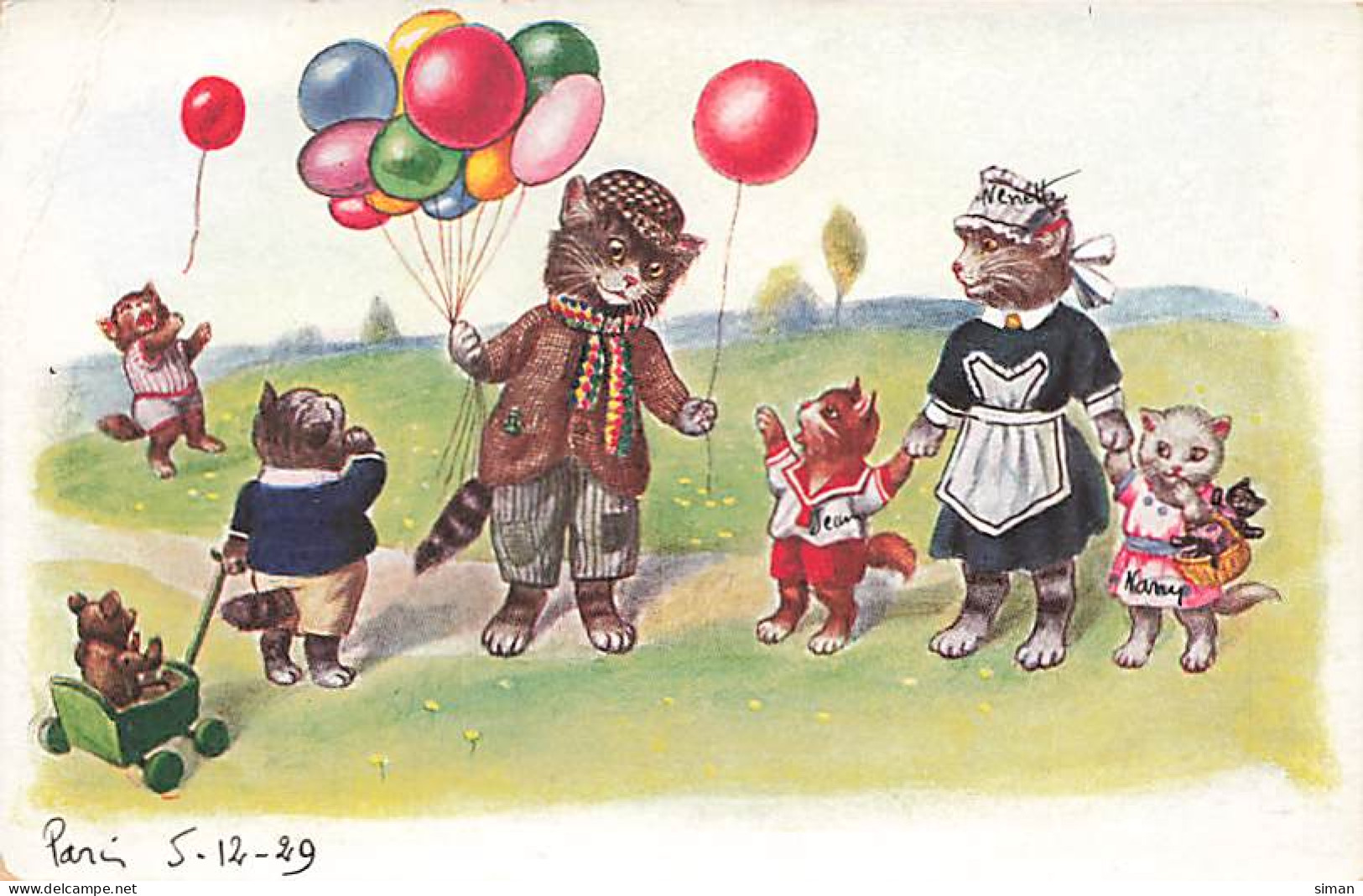 N°24796 - Chats Habillés, L'un Donnant Des Ballons à Des Chatons - Dressed Animals