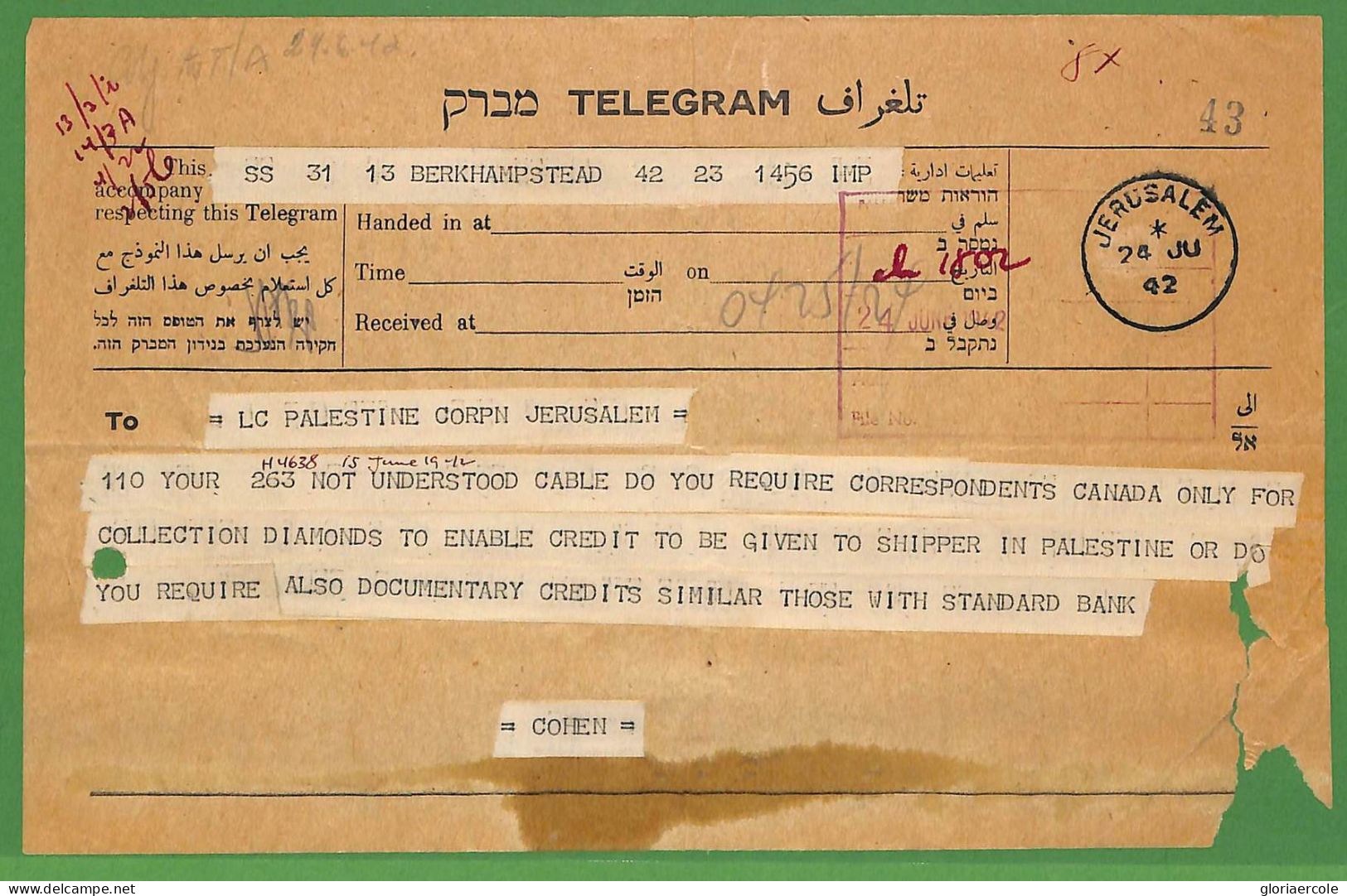 ZA1573 - PALESTINE Israel - POSTAL HISTORY - TELEGRAM  Jerusalem  1942 - Altri & Non Classificati