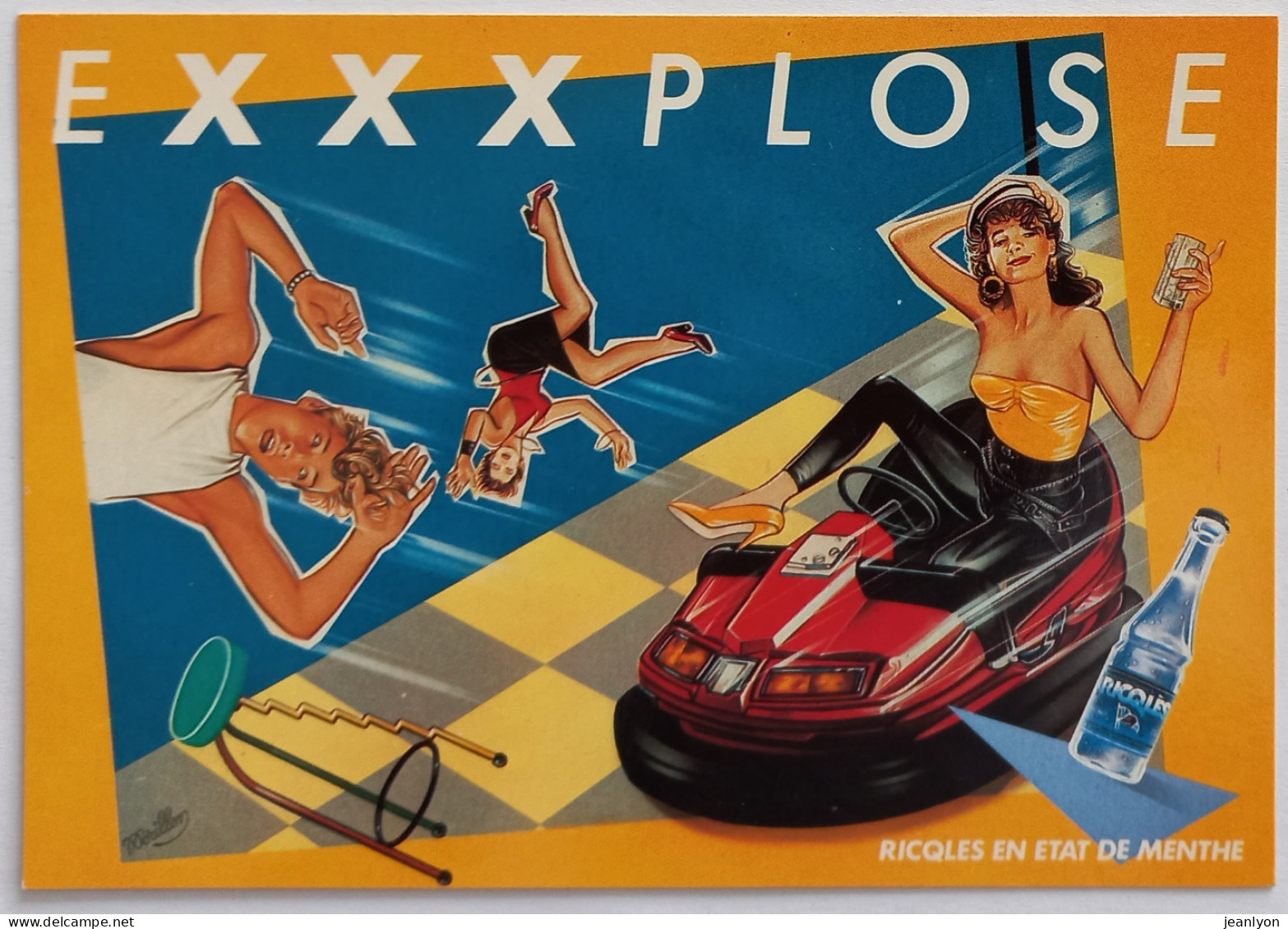 VOITURE / AUTO TAMPONEUSE - Femme - Carte Publicitaire Boisson RICQLES Menthe / Exxxplose - Turismo