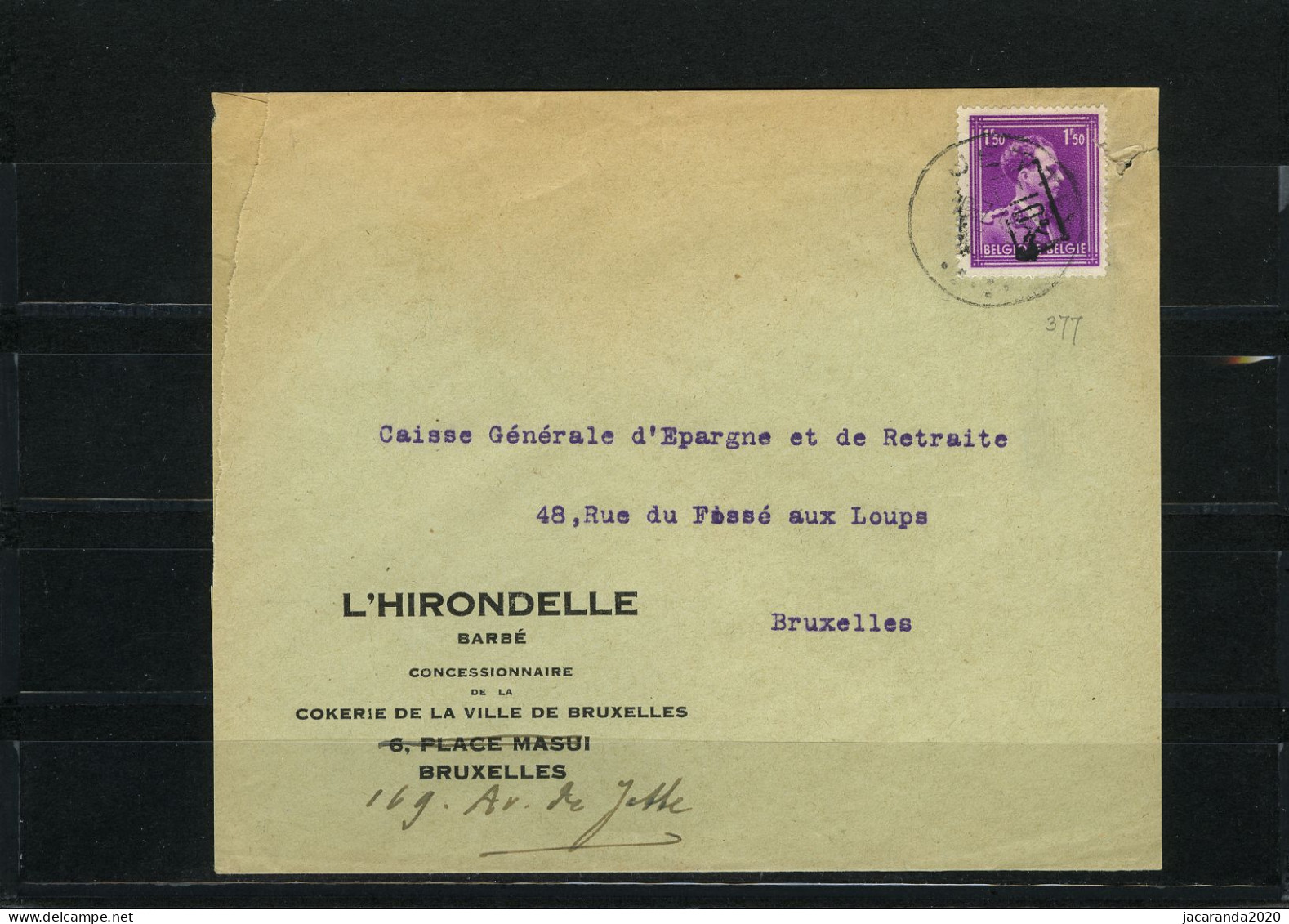 België 724B - Op Brief - Sur Lettre - L'Hirondelle Barbé - Bruxelles - 377 - 1946 -10 %