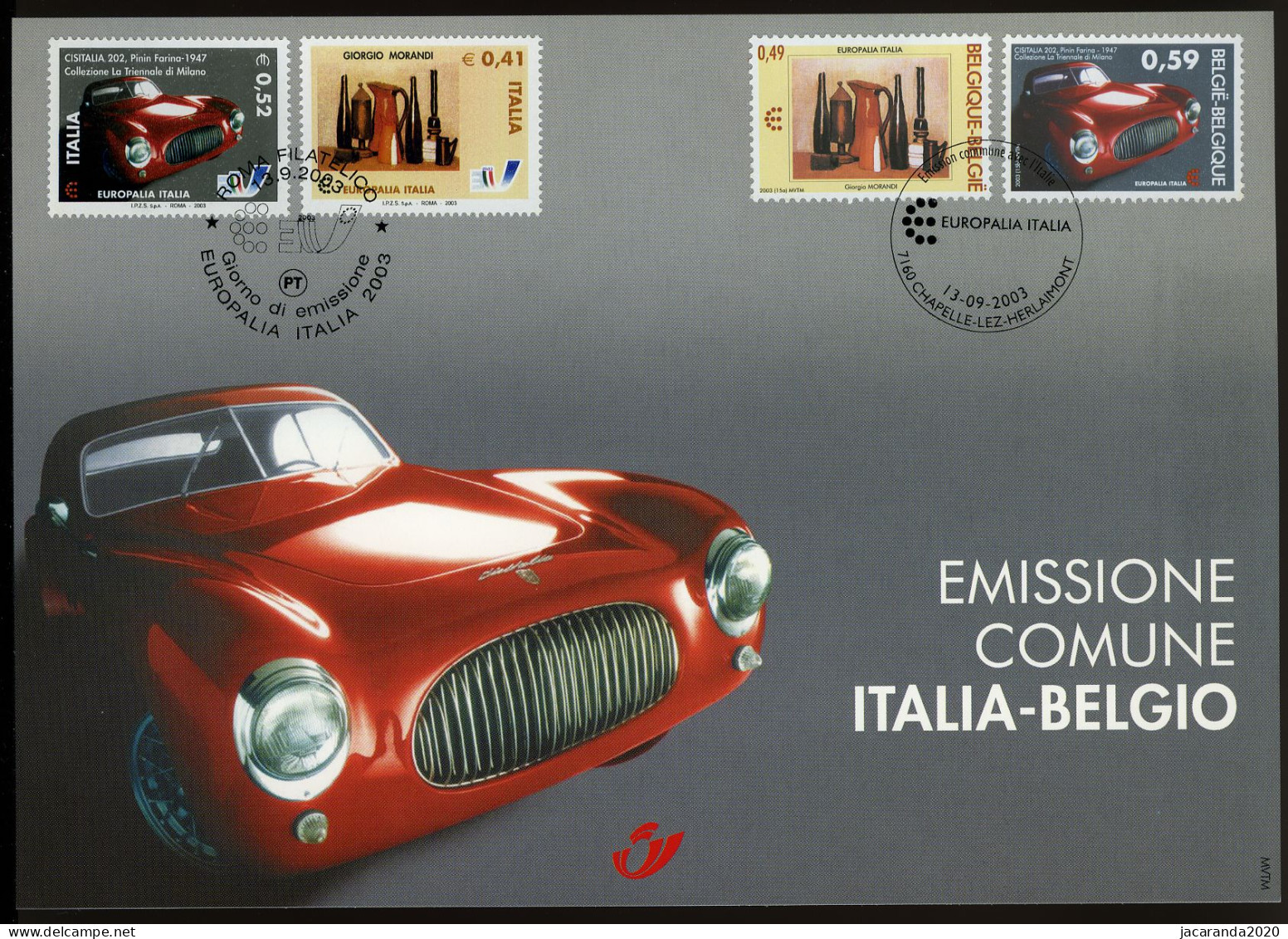 België 3205 HK - Europalia Italië - Giorgio Morandi - Pinin Farina - Gem. Uitgifte Met Italië - 2003 - Souvenir Cards - Joint Issues [HK]