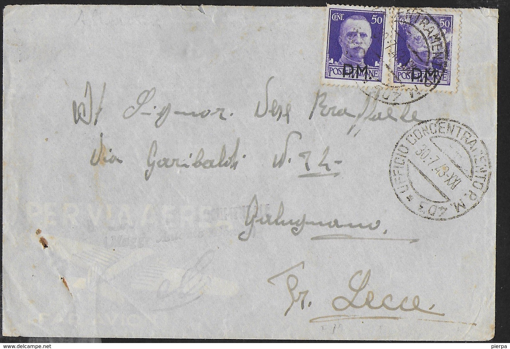 POSTA MILITARE - BUSTA PER VIA AEREA DA PM 403(bollo1)(VALONA-ALBANIA) (p.1) 30.07.1943 - Correo Militar (PM)