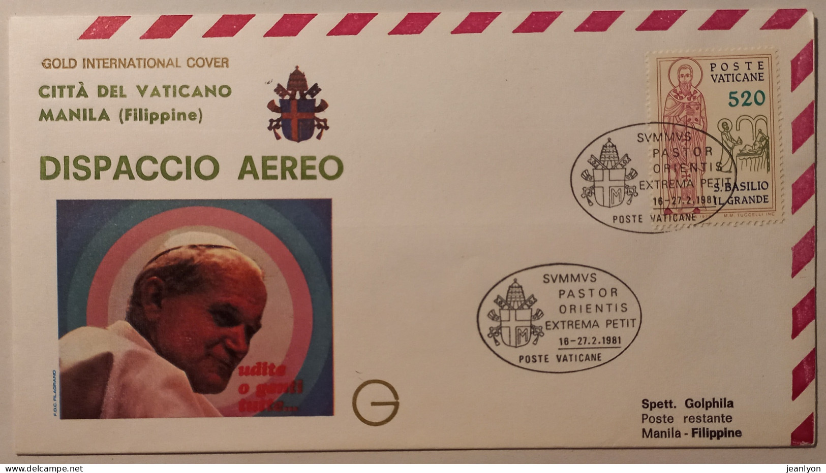 PAPE JEAN PAUL 2 - Voyage Avion Cité Vatican / Philippines - Enveloppe Commémorative Avec Timbre VATICAN Et Cachets - Päpste