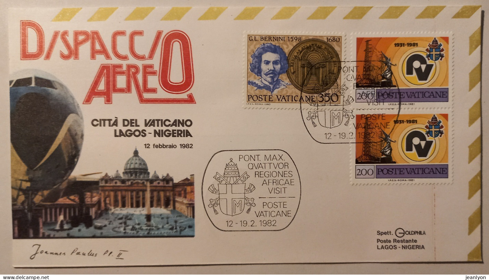 PAPE JEAN PAUL 2 - Voyage Lagos Nigeria / Vatican - 1982 - Avion - Enveloppe Commémorative Avec 3 Timbres VATICAN - Päpste