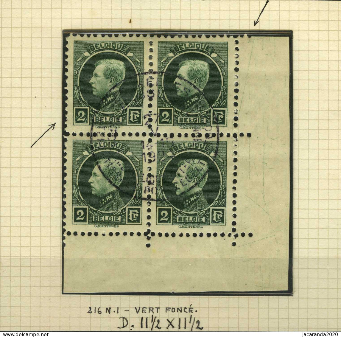 België 216 - Koning Albert I - Roi Albert I - Montenez - 2F Groen - Blok Van 4 - Mooi Gestempeld - SUP - 1921-1925 Small Montenez