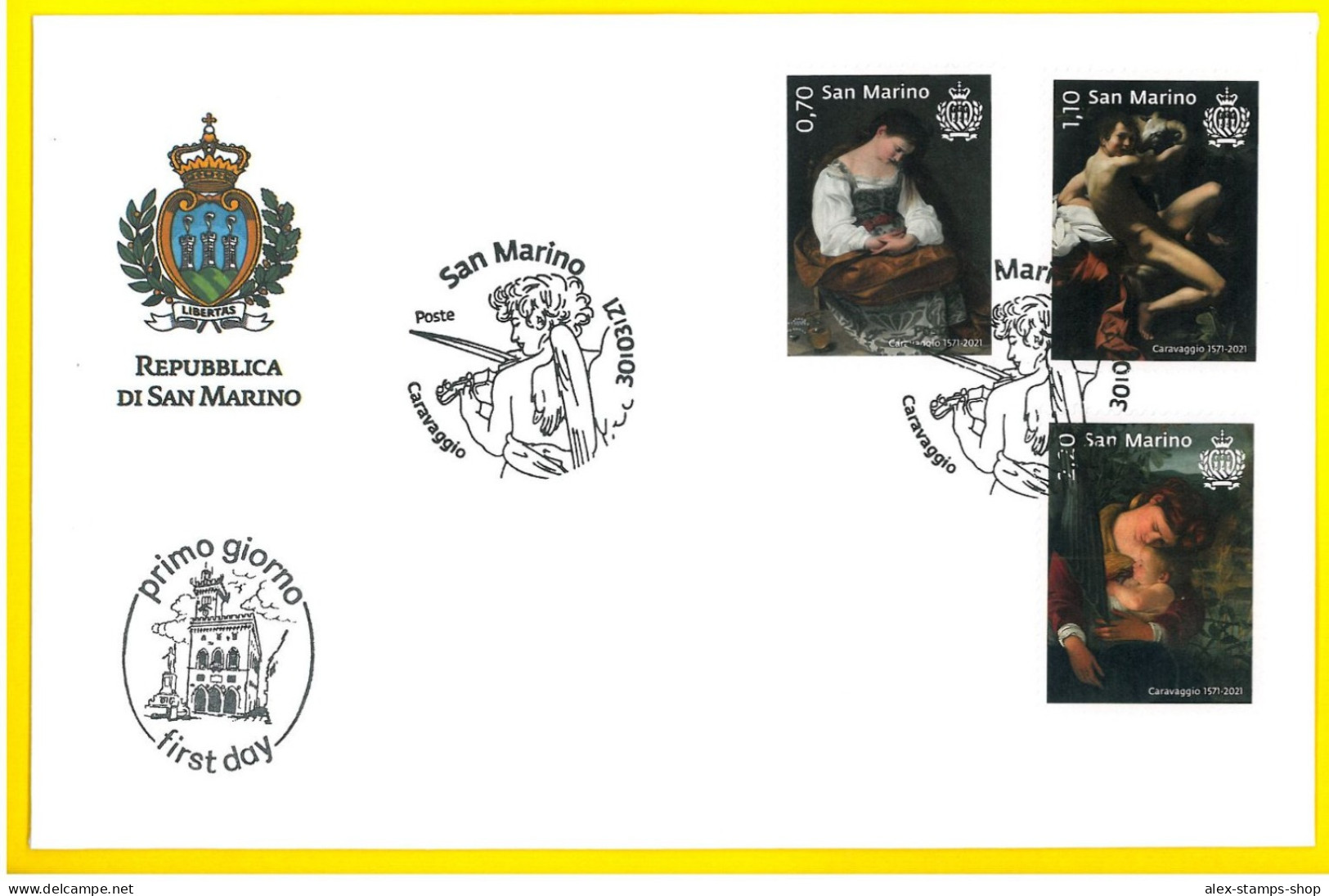 SAN MARINO 2021 FDC 450° Anniversary CARAVAGGIO Pittore FIRST DAY COVER - FDC