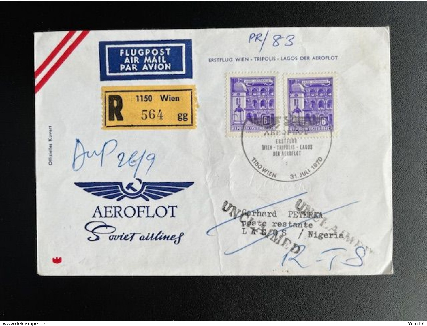 AUSTRIA 1970 REGISTERED FIRST FLIGHT COVER VIENNA WIEN TO LAGOS 31-07-1970 OOSTENRIJK OSTERREICH EINSCHREIBEN - Cartas & Documentos