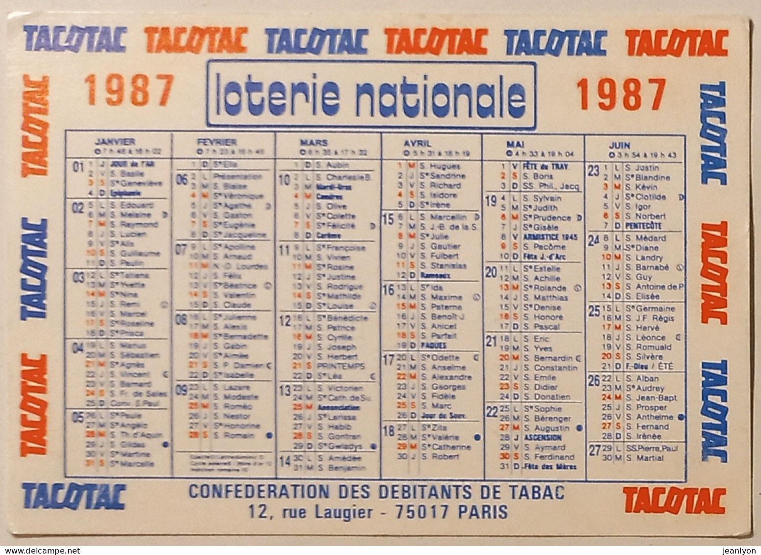 LOTERIE NATIONALE - TACOTAC - Débitants De Tabac Paris 17 - Calendrier Poche 1987 - Small : 1981-90