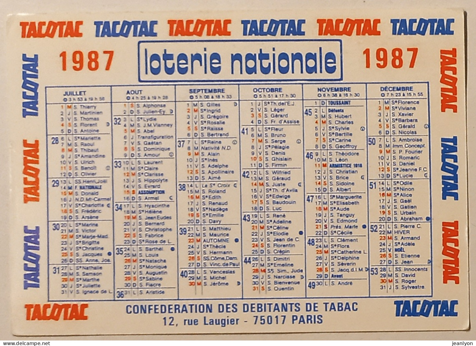 LOTERIE NATIONALE - TACOTAC - Débitants De Tabac Paris 17 - Calendrier Poche 1987 - Klein Formaat: 1981-90