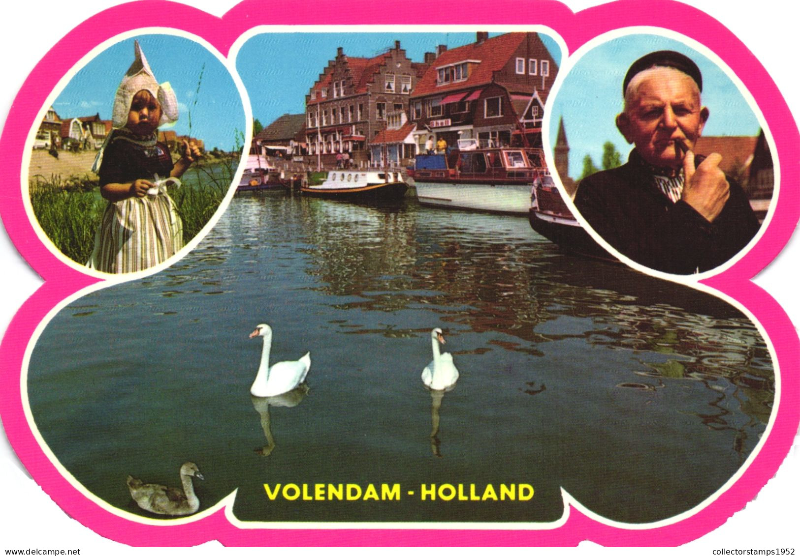 VOLENDAM, MULTIPLE VIEWS, CHILD, OLD MAN WITH PIPE, FOLKLORE, SWAN, ARCHITECTURE, BOAT, NETHERLANDS, CUT OUT POSTCARD - Volendam