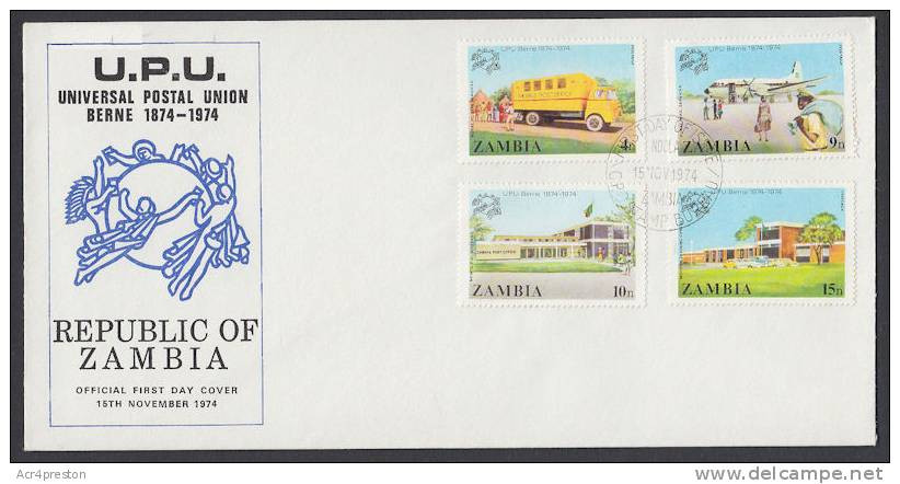 Zm0218f ZAMBIA 1974, SG 218-21  Centenary Universal Postal Union (UPU)  FDC - Zambie (1965-...)