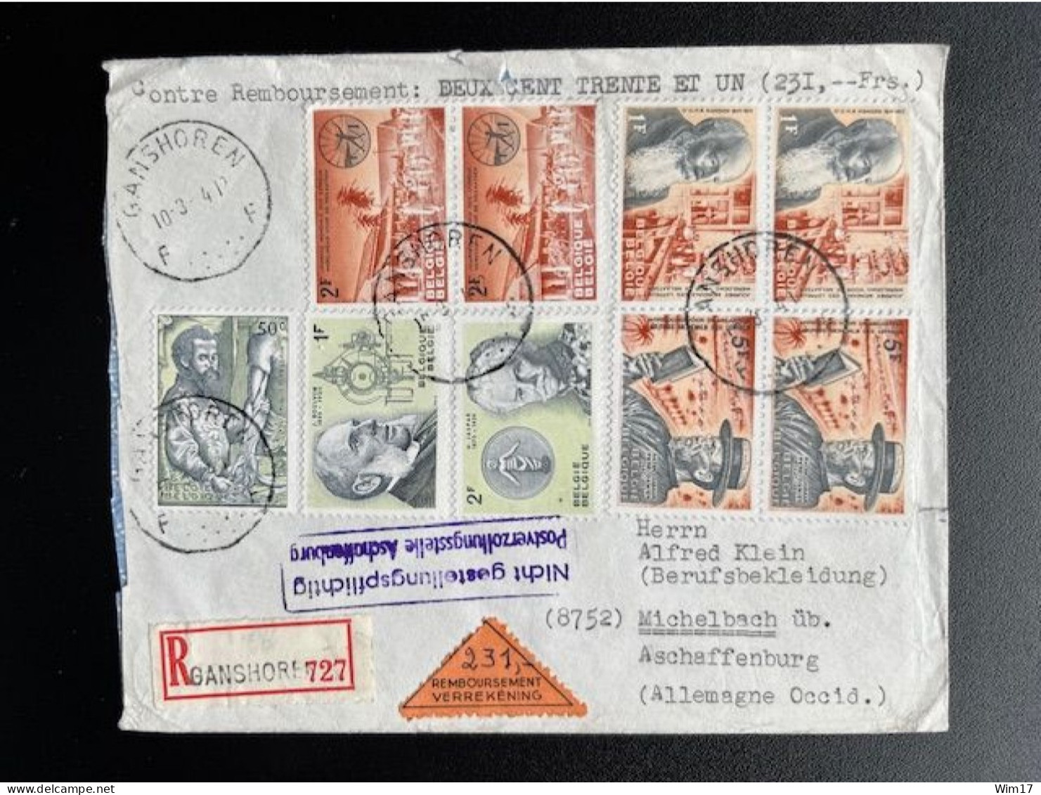 BELGIUM 1964 REGISTERED LETTER GANSHOREN TO MICHELBACH 10-03-1964 BELGIE BELGIQUE AANGETEKEND RECOMMANDEE - Storia Postale