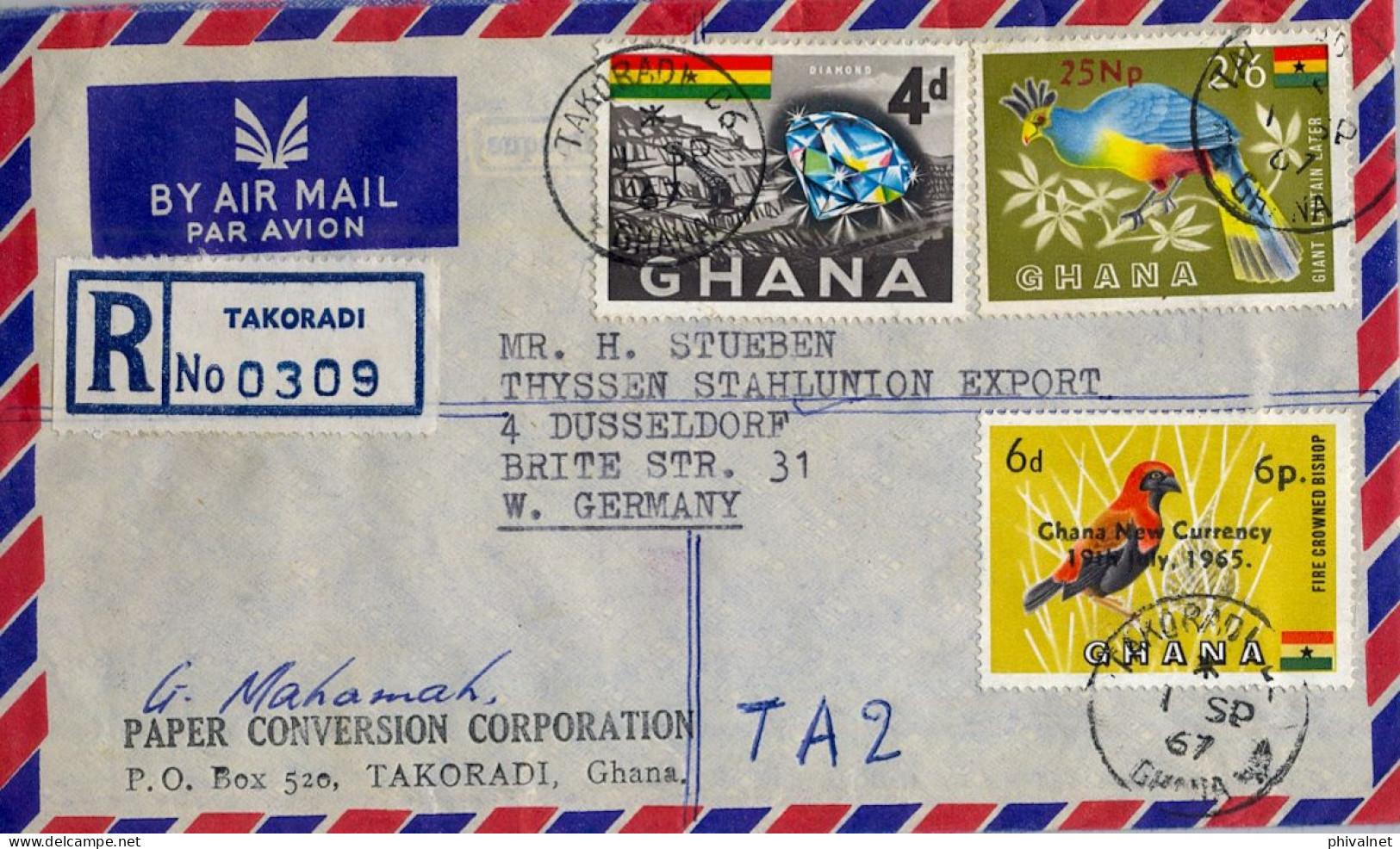 1967 GHANA , TAKORADI - DUSSELDORF , CORREO AÉREO , SOBRE CERTIFICADO , DIAMOND , BIRDS , AIR MAIL - Ghana (1957-...)