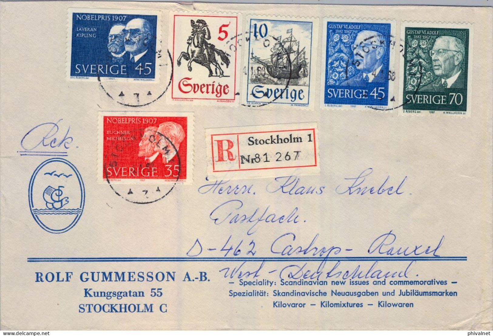 1968 SUECIA , SOBRE CERTIFICADO , ESTOCOLMO - CASTROP RAUXEL - Lettres & Documents