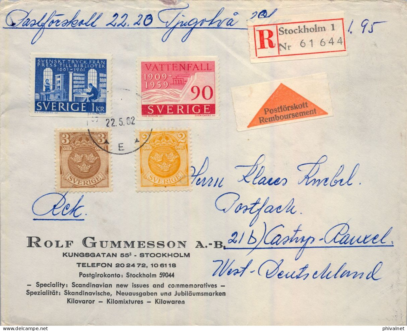 1962 SUECIA , SOBRE CERTIFICADO , ESTOCOLMO - CASTROP RAUXEL , REMBOURSEMENT - Cartas & Documentos