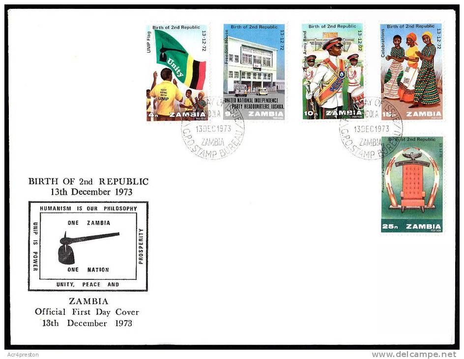 Zm0203f Zambia 1973, SG203-7, 1st Anniversary Of 2nd Republic, FDC - Zambie (1965-...)