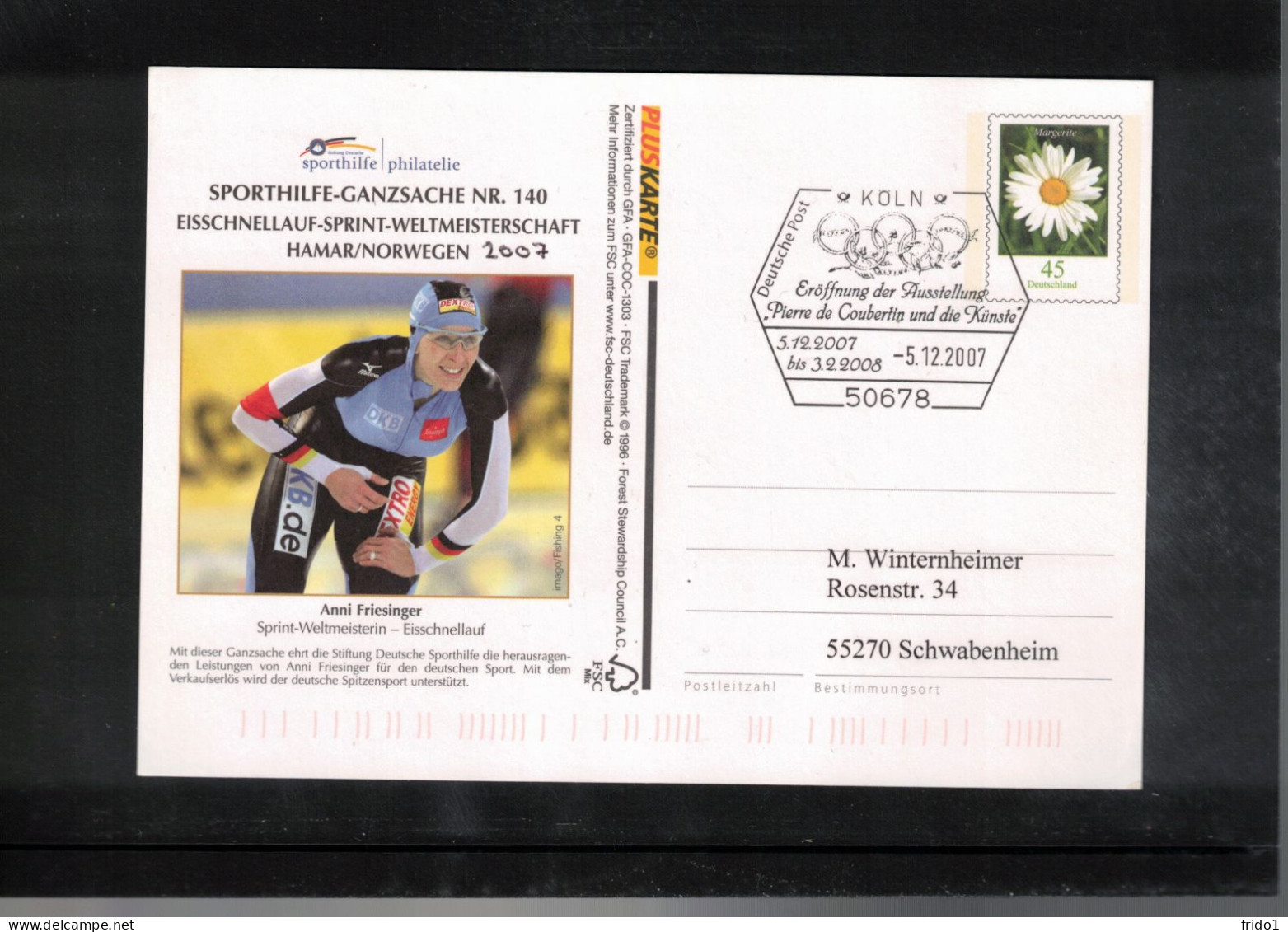 Germany 2007 Speed Skating World Champion Hammar Norway 2007 Interesting Postcard - Winter (Other)