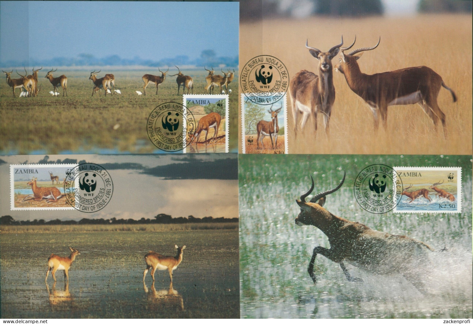 Sambia 1987 WWF Naturschutz Wasserbock 438/41 Maximumkarten (X30664) - Zambia (1965-...)