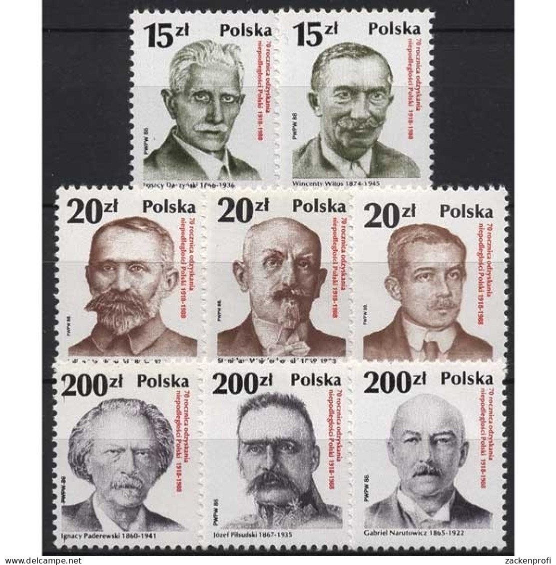Polen 1988 70 Jahre Unabhängige Republik: Politiker 3169/76 Postfrisch - Unused Stamps