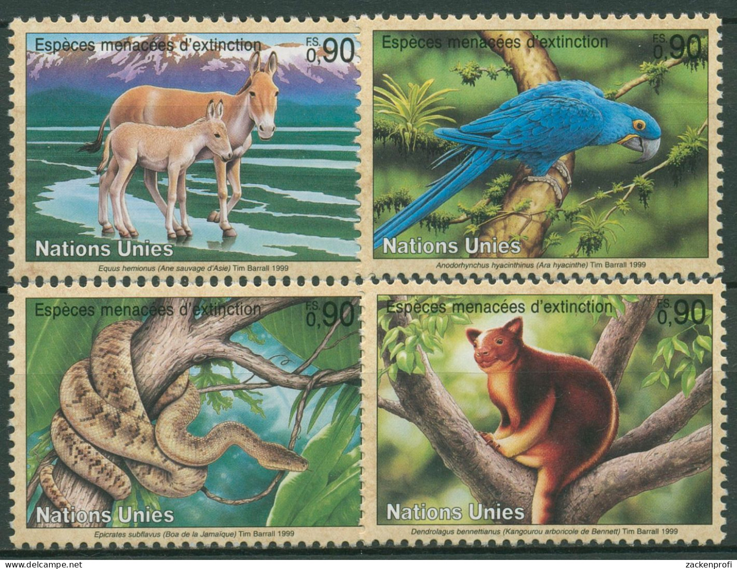 UNO Genf 1999 Gefährdete Tiere Esel Papagei Boa Baumkänguruh 369/72 Postfrisch - Unused Stamps