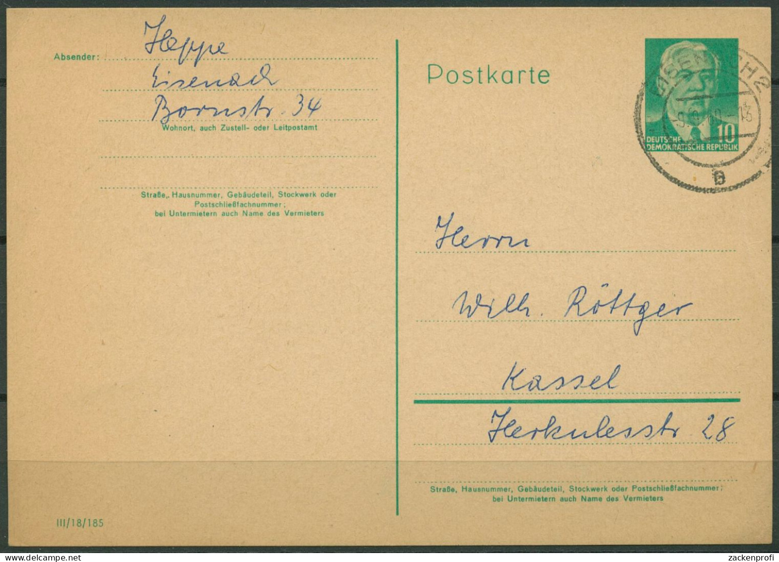 DDR 1956 Wilhelm Pieck Postkarte P 68 A Gebraucht (X40985) - Postkaarten - Gebruikt