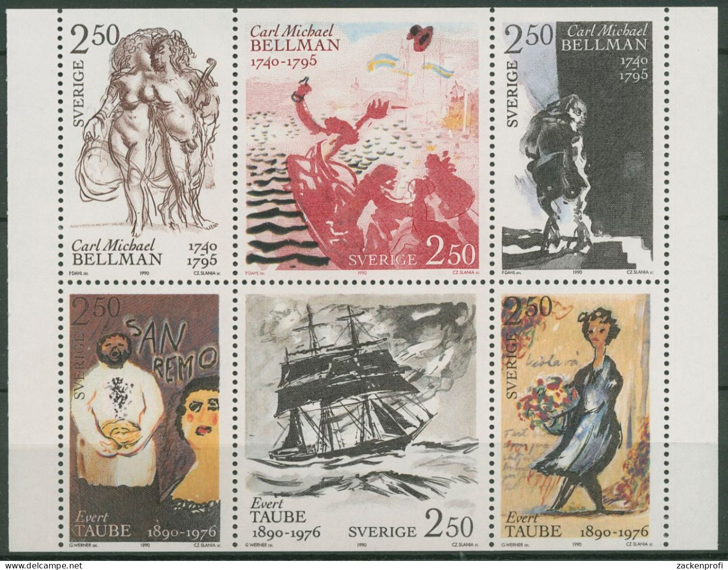 Schweden 1990 Dichter Bellmann & Taube 1619/24 Heftchenbl.179 Postfrisch(C62055) - 1981-..