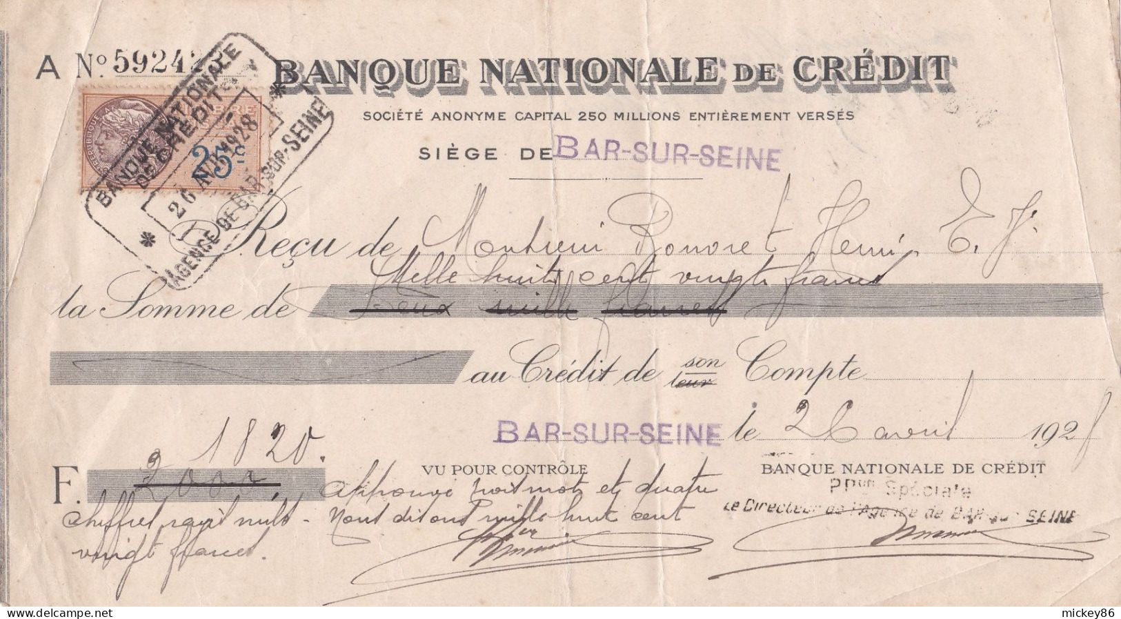 BAR SUR SEINE --1928--Lettre De Change --Banque Nationale De Crédit...timbre Fiscal...cachet - Bills Of Exchange