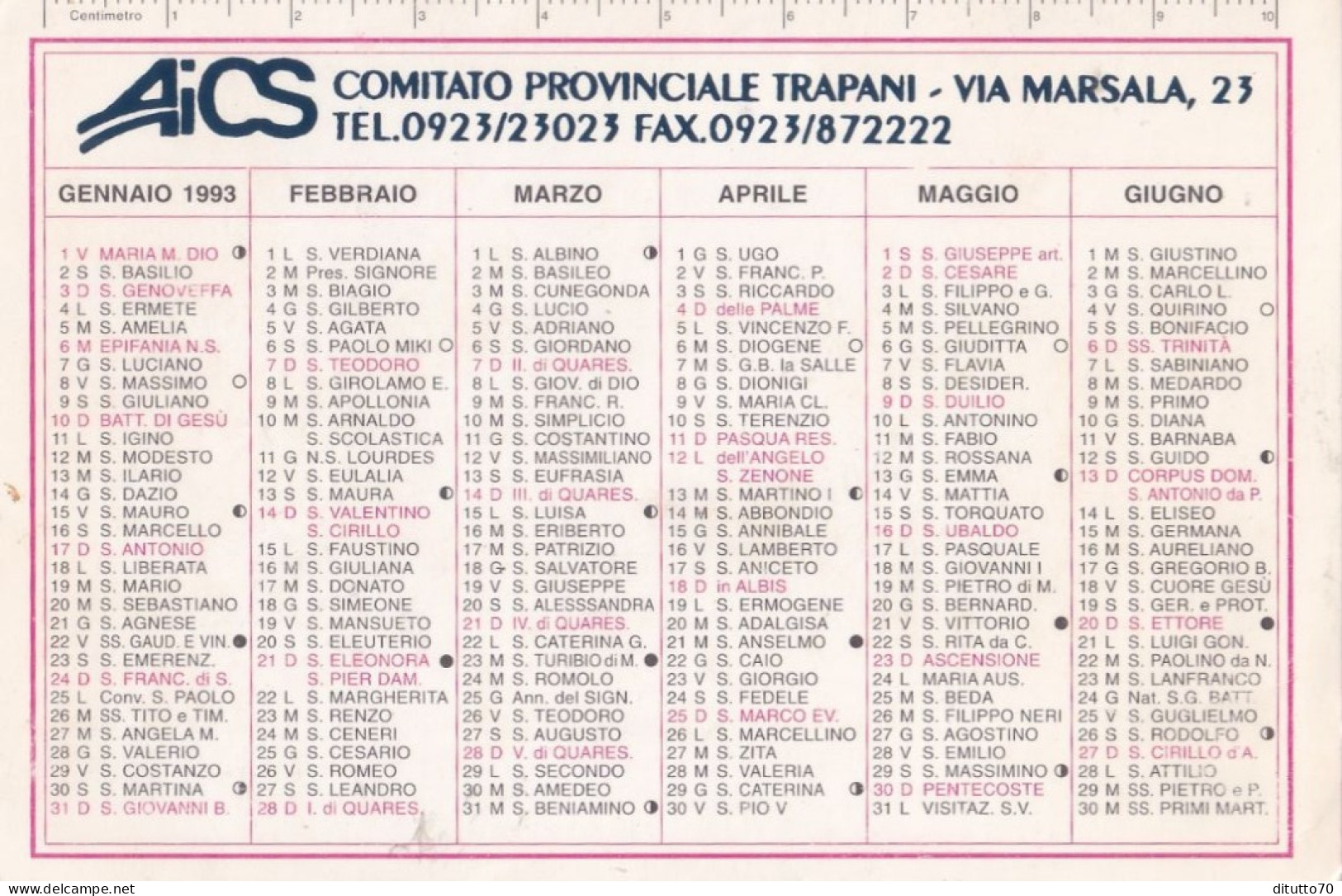 Calendarietto - AICA - Comitato Provinciale Trapani - Anno 1993 - Petit Format : 1991-00