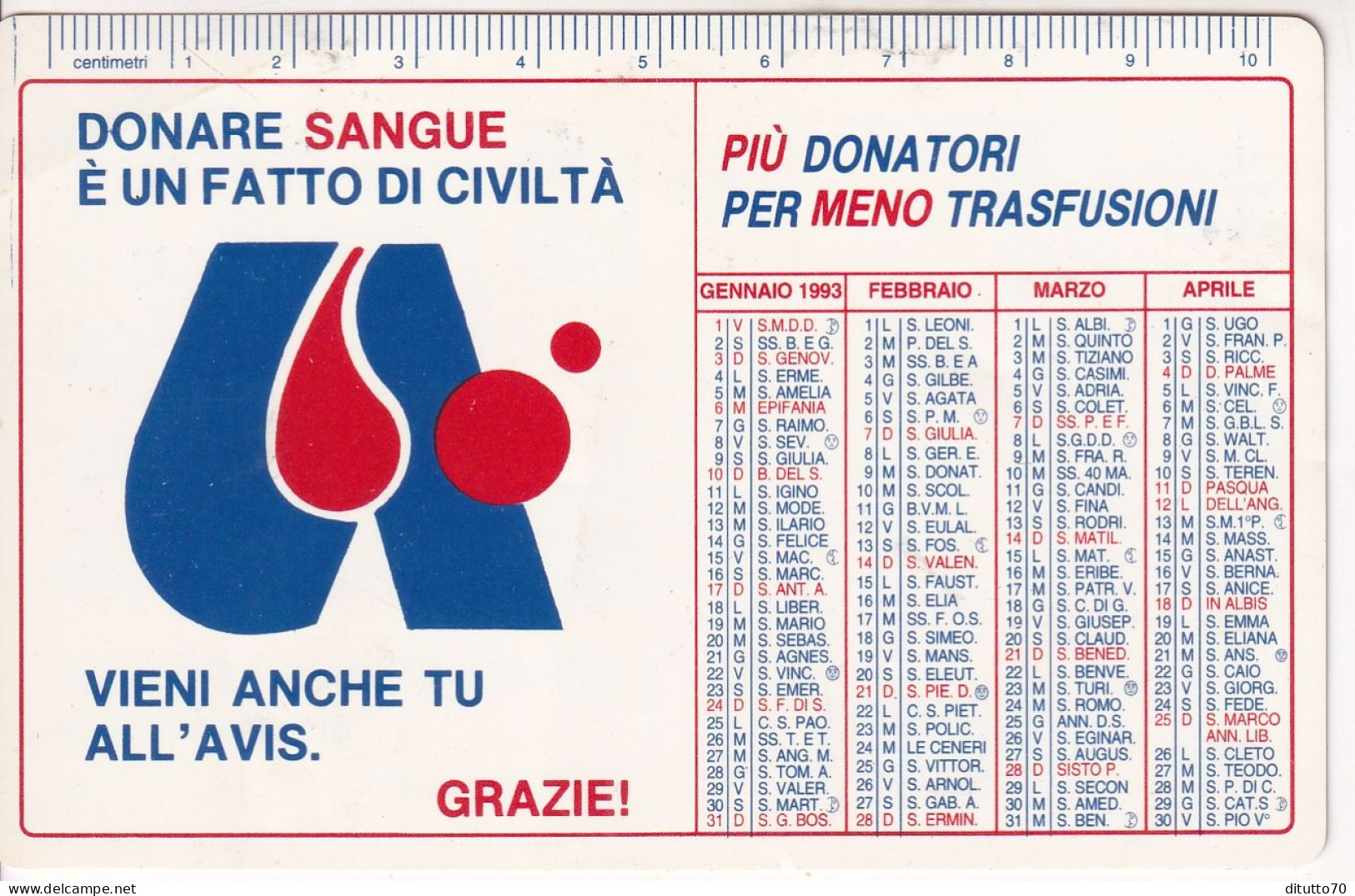 Calendarietto - AVIS - Comunale Di Cremona - Anno 1993 - Petit Format : 1991-00