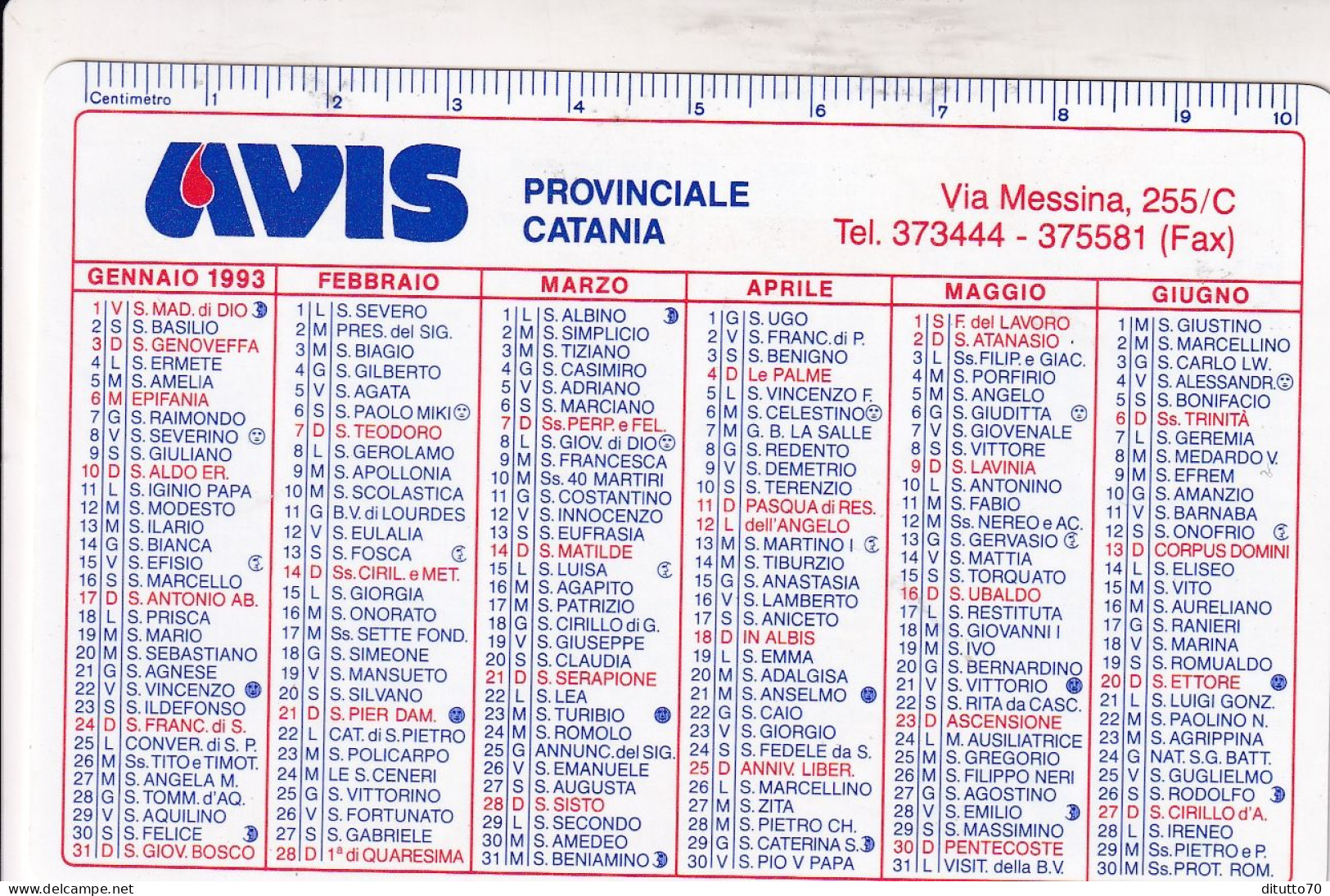 Calendarietto - AVIS - Provinciale - Catania - Anno 1993 - Petit Format : 1991-00